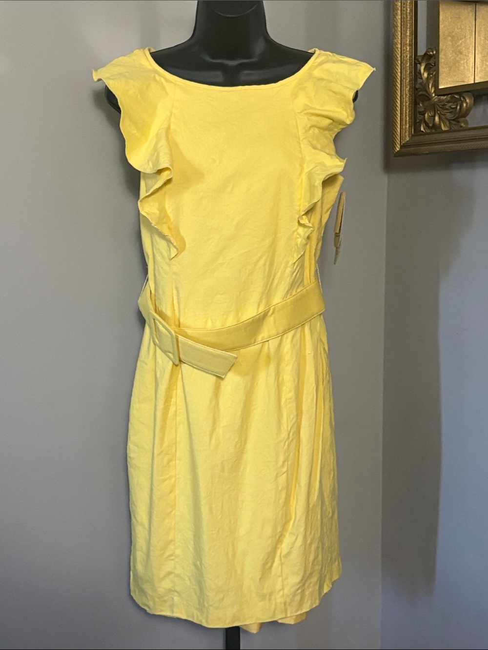 NEW Adrianna Papell Size 10 Petite Lemon Yellow Linen Blend Ruffle Belted Dress